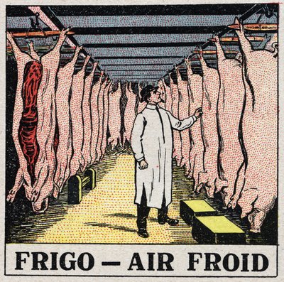 Die Kälteindustrie: Lagerung von Fleisch in Kühlschränken. Anonyme Illustration von 1925. Private Sammlung von Anonymous Anonymous