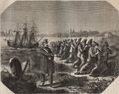Die Cordelle (Arbeit großer Anstrengung) im Bagne de Rochefort im 19. Jahrhundert. Gravur in „Histoire des bagnes depuis leur création à nos jours“ (1877) von Pierre Zaccone (1817-1895). von Anonymous Anonymous