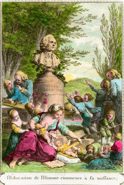 Die Erziehung des Menschen beginnt bei seiner Geburt: Mütter mit ihren Kindern, neben einer Büste zu Ehren des Schweizer Philosophen Jean Jacques Rousseau (1712-1778). Gravur des 18. Jahrhunderts Privatsammlung von Anonymous Anonymous