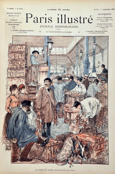 Das Spiel Criee an den Halles de Paris im Jahr 1887. Illustration von Hermann Vogel (1856-1918). Gravur von 1887 in „Paris-Illustrous journal weekly“. von Anonymous Anonymous