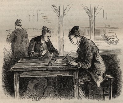 Der öffentliche Schreiber im Toulon-Bagne im 19. Jahrhundert. Gravur in „Histoire des bagnes depuis leur création à nos jours“ (1877) von Pierre Zaccone (1817-1895). Private Sammlung. von Anonymous Anonymous