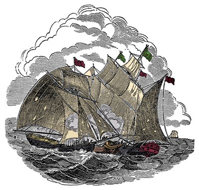 Das Schiff des Piraten Henry Every (John Avery, Long Ben, Benjamin Bridgeman) (? -1695) griff im September 1695 die Flotte des Großmoguls Aurangzeb (Alamgir) vor Surate, Indien an. Gravur aus „The Pirates Own Book“ von Charles Ellms von Anonymous Anonymous