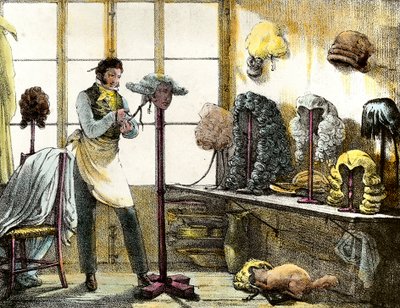 Die Perücke, die eine Katogan-Perücke stylt, Herrenfriseur. Gravur aus „Mirror shows, letters, meds, etc. The arts“ 1821-1823, Privatsammlung von Anonymous Anonymous