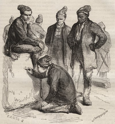 Arten von Galerien aus dem Bagne von Brest im 19. Jahrhundert. Gravur in „Histoire des bagnes depuis leur création à nos jours“ (1877) von Pierre Zaccone (1817-1895). Private Sammlung von Anonymous Anonymous