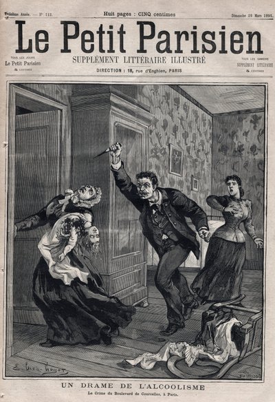 Verschiedene Fakten: ein Drama des Alkoholismus - Das Verbrechen am Boulevard de Courcelles in Paris - Gravur in „Le Petit Parisien“ von 1891 - Private Sammlung von Anonymous Anonymous