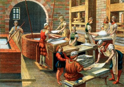 Ansicht einer Papiermanufaktur in Fabriano im 16. Jahrhundert, Italien. Die verschiedenen Schritte. Illustration. Private Sammlung - Eine Papiermanufaktur in Fabriano (Italien) von Anonymous Anonymous