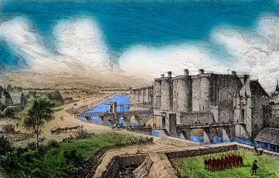 Ansicht der Bastille mit ihren umliegenden Mauern unter König Karl V. dem Weisen (1338-1380), Gravur, Private Sammlung von Anonymous Anonymous
