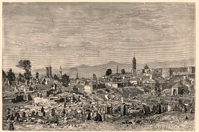 Ansicht der Stadt Erzurum in Armenien (heute Türkei). Gravur in „Les Missions Catholiques au XIXème Siècle“ von Louis-Eugène Louvet. Private Sammlung. von Anonymous Anonymous