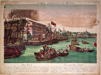 Ansicht des Hafens der Stadt New York in den Vereinigten Staaten, links eine Werft. Die Mündung des Hudson River und die Insel Manhattan (Gravur aus dem 18. Jahrhundert) von Anonymous Anonymous