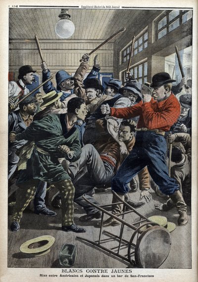 Weiß gegen Gelb: Amerikaner und Japaner kämpfen in einer Bar in San Francisco (Unruhen aufgrund der Ausweisung japanischer Kinder aus amerikanischen Schulen) - Illustration aus „Le Petit Journal“ vom 9. Juni von Anonymous Anonymous