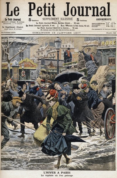 Winter in Paris: Die Pfähle waten im geschmolzenen Schnee und die Kutschen der Passanten. Gravur auf der Titelseite des Petity Journal von Anonymous Anonymous
