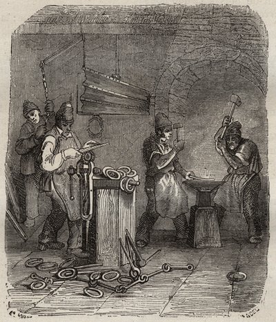 Arbeiterkräfte im Rochefort-Bagne im 19. Jahrhundert. Gravur in „Histoire des bagnes depuis leur création à nos jours“ (1877) von Pierre Zaccone (1817-1895). Private Sammlung. von Anonymous Anonymous
