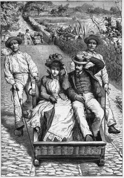 Carros de cesto auf Madeira 1893 - Les corinhos (carrieros) auf Madeira - Männer führen einen Sitz für zwei Personen auf Rollen (ein corinho). Gravur in „Journal des voyages“ 1893 von Anonymous Anonymous
