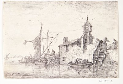 Anlegestelle mit Gebäude mit einem Turm von Anthonie Waterloo