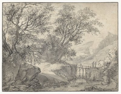 Berglandschaft mit Bäumen und einer Brücke über einen Bach von Anthonie Waterloo
