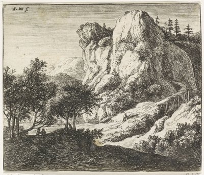 Holzbrücke bei einer Felsformation von Anthonie Waterloo