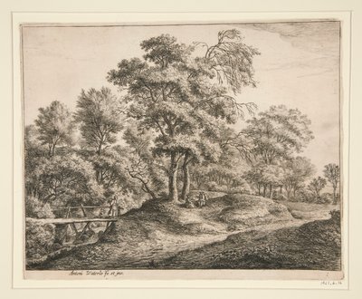 Die Bäuerin und das Mädchen auf der kleinen Holzbrücke von Anthonie Waterloo
