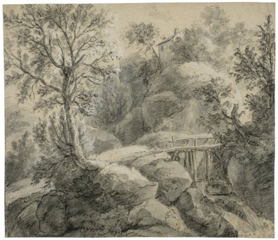 Felsige Landschaft mit einer Brücke über einen Bach von Anthonie Waterloo