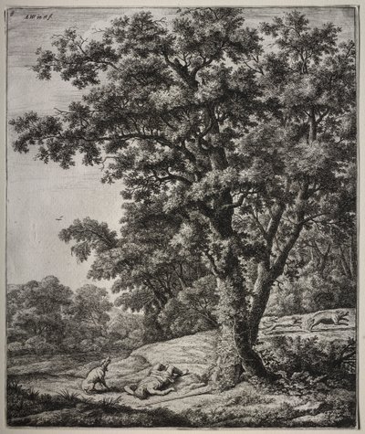 Sechs große aufrechte Landschaften mit Szenen aus Ovids Metamorphosen: Der Tod des Adonis von Anthonie Waterloo