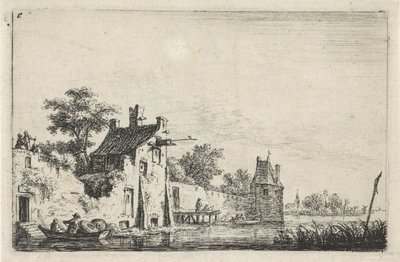 Stadtmauer am Wasser (Landschaften mit Figuren) von Anthonie Waterloo