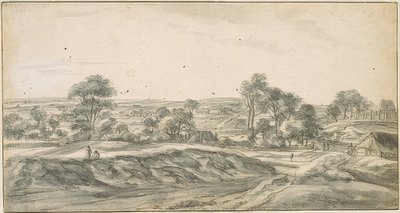 Unter Bäumen zerstreutes Dorf, rechts die Kirche, weite Ferne mit hügeligen Feldern von Anthonie Waterloo