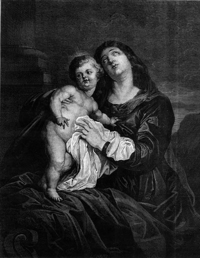 Die Jungfrau und das Jesuskind. Gravur nach einem Gemälde von Anton (Antoon oder Anthony) van Dyck (1599-1641). Gravur in „Le Monde Illustré“ Nr. 1239 vom 25. Dezember 1880. von Anthony van (after) Dyck