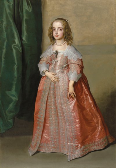 Porträt von Prinzessin Mary (1631–1660), Tochter von König Karl I. von England, ganzfigurig, in einem rosa Kleid mit silberner Stickerei und Bändern von Anthony van Dyck