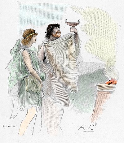 Odyssee von Homer: Peisistratos, Sohn von Nestor, bietet Telemachus in Pylos einen Becher Wein an (Illustration von Antoine Calbet für „Die Odyssee“) von Antoine Calbet