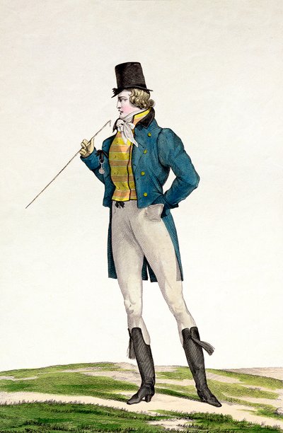 Ein Dandy in einem Robinson-Hut, mit kindlichen Locken, gestrickten Hosen und Reitstiefeln, Tafel 5 in der Serie Incroyable et merveilleuse von Antoine Charles Horace Vernet