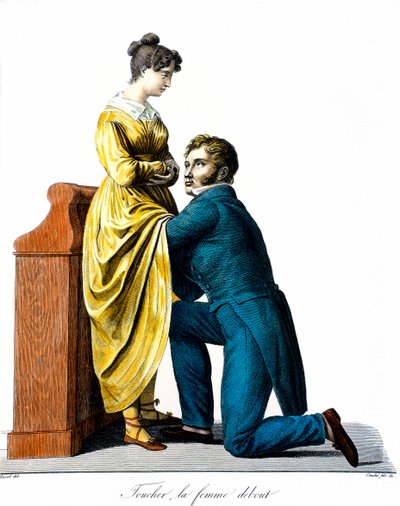Eine Frau berühren: Ein Patient konsultiert einen Arzt, der sie unter dem Kleid untersucht. Gravur von Chazal (19. Jahrhundert). Paris, Akademie der Medizin von Antoine Chazal