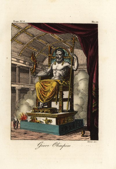 Statue von Zeus oder Jupiter in Olympia, riesige sitzende Figur des griechischen Bildhauers Phidias um 435 v. Chr. im Heiligtum von Olympia, Griechenland von Antoine Chrysostome Quatremère de Quincy