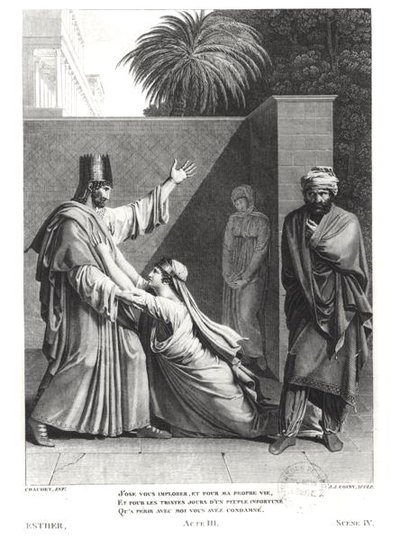 Esther fleht Assuerus in Anwesenheit von Aman an, Illustration aus Esther von Jean Racine (1639-99), graviert von J.J. Coiny (1761-1809) von Antoine Denis Chaudet