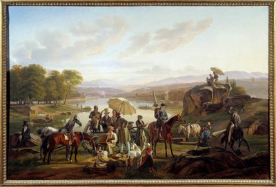 Der Halt der Lyoner Künstler auf der Insel Barbe in Lyon. Maler und Musiker ruhen sich während eines Ausritts aus. von Antoine Duclaux