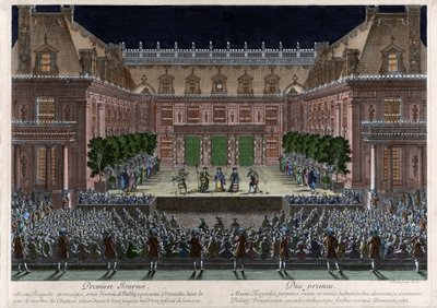 Darstellung im Marmorhof des Schlosses von Versailles, „Alceste“ von Jean Baptiste Lully (Giovanni Battista Lulli) (1632-1687) für die Feierlichkeiten anlässlich der Eroberung der Franche-Comté (1674). Gravur von Le Pautre von Antoine Le Pautre