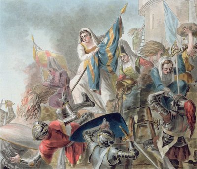 Jeanne Laisne erhebt ein Banner gegen die Männer von Bourgogne, graviert von Morret (fl. 1790-1820) 1787 von Antoine Louis Francois Sergent Marceau