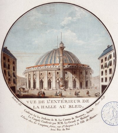 Ansicht des Äußeren des Weizenmarktes, Paris, gebaut von Le Camus de Mézières zwischen 1763 und 1766, heute die Börse in Paris. In malerischen Ansichten der Hauptgebäude von Paris von Sergeant von Antoine Louis Francois Sergent Marceau