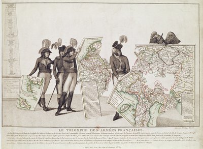 Der Triumph der französischen Armeen, Napoleon und seine Generäle halten Karten ihrer Siege zur Zeit des Friedens von Loeben, 18. April 1797, ca. 1797 von Antoine Maxime Monsaldy