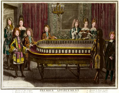 Philippe von Frankreich, Herzog von Anjou, später König von Spanien (1683-1746), Charles, Herzog von Berry (1686-1714) und Prinz von Wales spielen im ersten Appartement von Ludwig XIV. in Versailles - Kupferstich von Antoine Trouvain (1656-1708) Private Sa von Antoine Trouvain