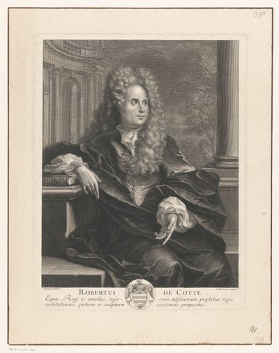 Porträt von Robert de Cotte, lehnend auf einem Buch in klassischer Architektur von Antoine Trouvain