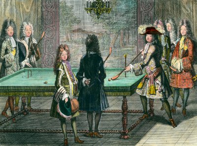 Königliches Vergnügen in Versailles, König Ludwig XIV. (1638-1715) spielt Billard mit Philippe Duc d