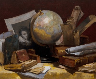 Stillleben mit einer Weltkarte, Büchern und Pergamenten von Antoine Vollon
