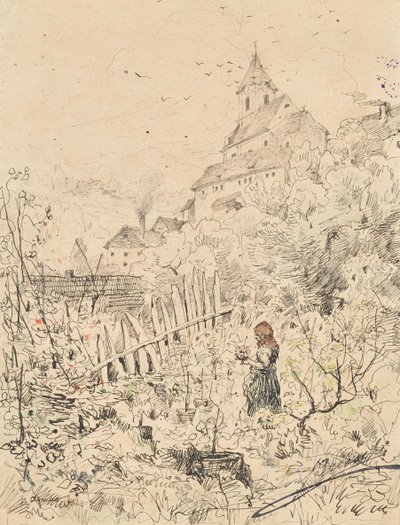 Bauernmädchen in Garten, dahinter Kirche und Dorf von Anton Brioschi