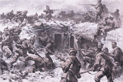 Die Niederlage des Moskauer Grenadierkorps durch schlesische, preußische und kaiserliche deutsche Truppen, aus Die illustrierte Geschichte des Weltkriegs 1914-1915, veröffentlicht von Union Berlagsefellfchaft von Anton Hoffman