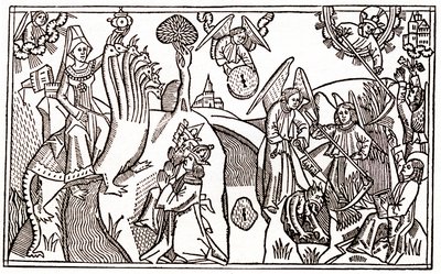 Die große Hure von Babylon reitet auf dem siebenköpfigen Tier und die Engel schneiden Weizen, während sie den Teufel gefangen halten von Anton Koberger