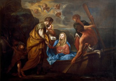 Die Flucht nach Ägypten. Die heilige Familie besteigt ein Boot. Gemälde von Anton Maria Piola (1654-1715) von Anton Maria Piola