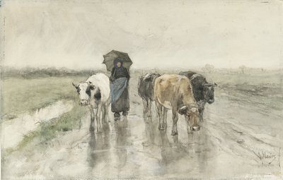 Eine Bäuerin mit Kühen auf einem Landweg im Regen von Anton Mauve
