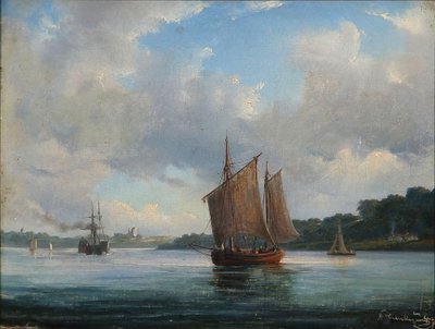Fjord-Szene mit Fischerbooten und einem Raddampfer von Anton Melbye