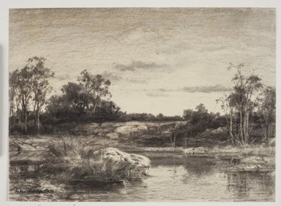 Landschaft mit einem Fluss oder See im Vordergrund von Anton Melbye