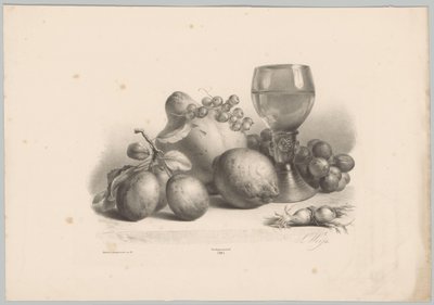 Stillleben mit Glas, Pflaumen, Zitrone, Trauben und Haselnüssen von Anton Weiss