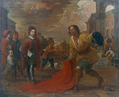 Ein einfacher Mann legt seinen Mantel zu Füßen des heiligen Franziskus als Kind von Antoni Viladomat Y Manalt
